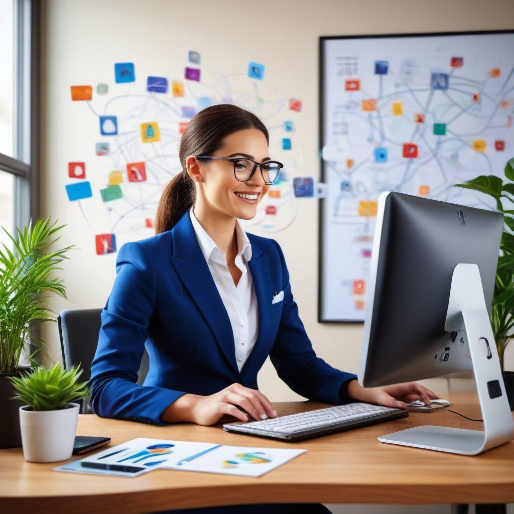 A business professional enthusiastically engaging with various online contacts through a computer screen, surrounded by icons of communication tools like emails, chat bubbles, and video calls, all connected by dynamic lines representing networks. Bright and motivational atmosphere with modern office elements. super-realistic. vibrant colors.