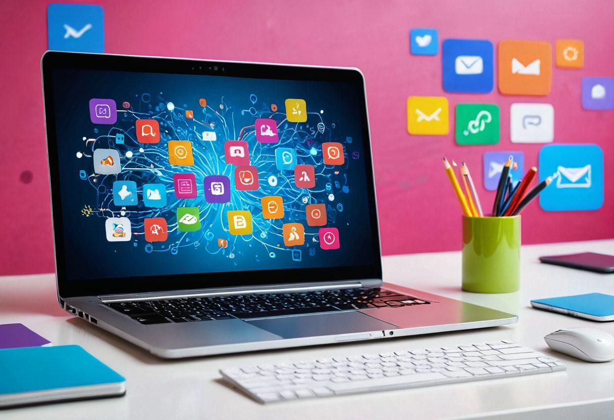 A dynamic desk setup featuring a laptop with a vibrant interface displaying various communication tools like email, chat, and video conferencing icons. Beside the laptop, a smartphone also shows notifications of different communication apps. In the background, abstract digital connections and networks illustrate the flow of online contact. vibrant colors. modern flat design.