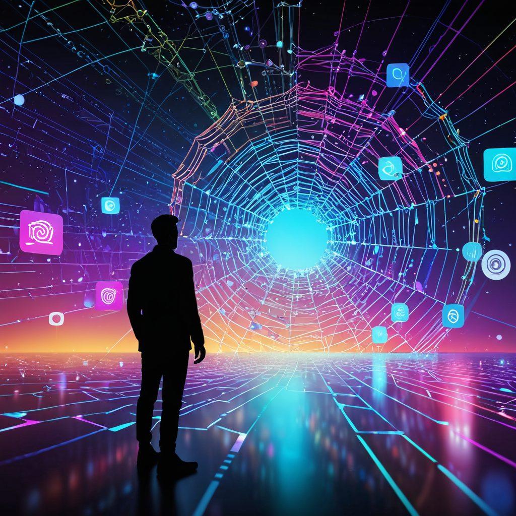 A futuristic digital landscape with holographic user interfaces displaying diverse software tools; interconnected networks of vibrant, glowing data streams forming a web. Floating digital icons representing communication tools (email, social media, chat apps) orbit around an individual's silhouette navigating through them. Background evoking a sense of cyberspace with geometric patterns. super-realistic. vibrant colors. 3D.
